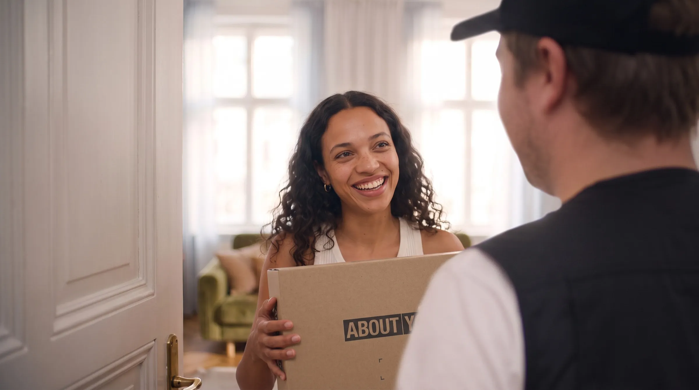 KI-Werbespot ABOUT YOU x Google: Frau nimmt fröhlich ein einziges ABOUT-YOU-Paket entgegen